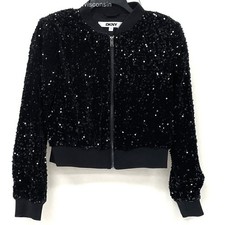 NWT DKNY Black Fuzzy Sequin Full Zip Bomber J...