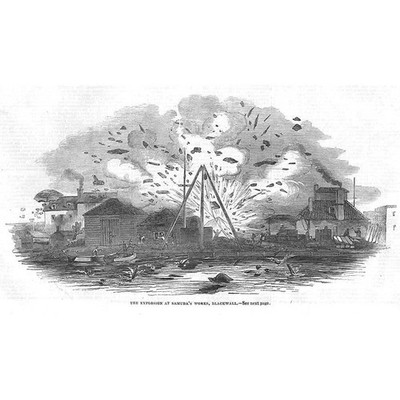 LONDON Explosion at Samuda's Works, Blackwall - Antique Print 1845