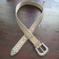 Vtg Bling Western Belt M Tan Rhinestone Studs Silver Tone Etched Buckle Keep Tip