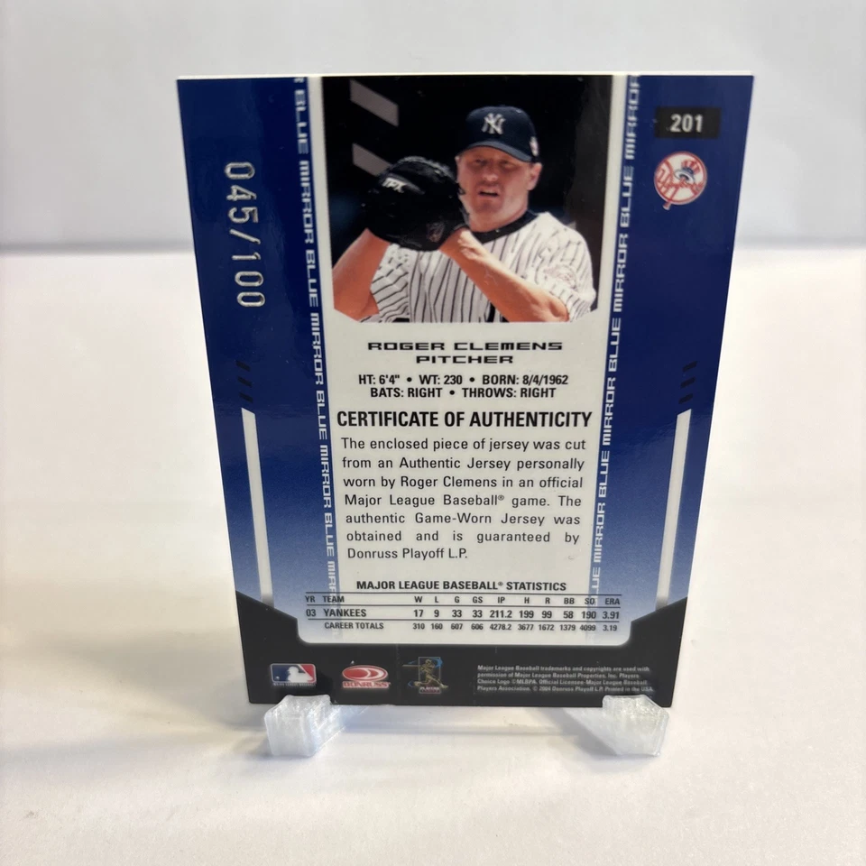 Roger Clemens 2004 Donruss Mirror Blue Leaf Certified -045/100 #201 Yankees - Image 2 of 2