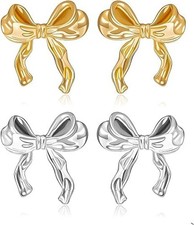 Zinc Gold Silver Bow Earring - Hypoallergenic Stud Earrings for Women - Cute Rib