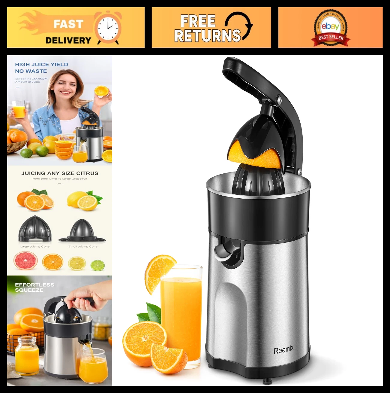 Electric Citrus Juicer Squeezer - 2 Interchangeable Cones for Orange, Lemon, Gra