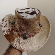 Men's Cowhide Leather Top Hat Brown White Pony Skin Hair Western Steampunk Hat