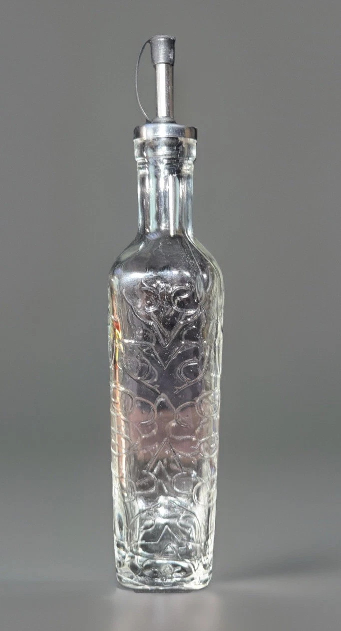 Embossed Glass Olive Oil Bottle Dispenser Vine Scroll Design Pour Spout Decor