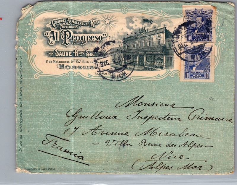 1915 Morelia Michoacan Mexico Commercial Mail Cover to Nice France w Content