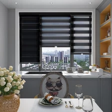 Cordless Zebra Blinds for Windows Free-Stop Roller Window Shades24" W×72"H,Black