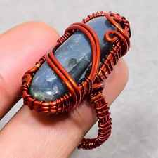 Blue Fire Labradorite Gemstone Handmade Wire Wrap Copper Jewelry Ring 8" PG 795