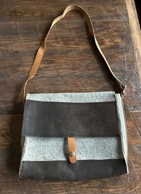 TEAM|WORK Messenger Bag  Grey Wool / Felt With Leather Strap Accents  Snap Close