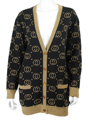 GUCCI Black & Metallic Gold GG Logo Wool Blend Knit Cardigan