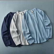 Waffle Vintage Henley Neck T-Shirt Men Long Sleeve Solid Color Round Neck Top U