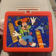 Super Rare Vintage Disney Mickey Mouse Travel Themed Red lunch box - THERMOS 