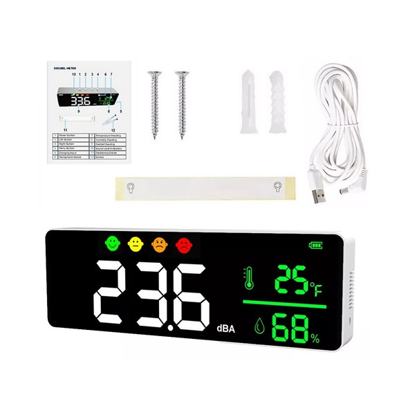 Smart Sound Level Meter Led Wall Mount Noise Detector 30-130db Temp/humidity