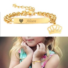 Personalized ID Name Baby Kid Toddler Teen Women Bracelet Chain Crown Charm Gift