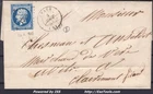 FRANCE N°14A ON LETTER WITH PC 1225 EVAUX HOLLOW + CAD FROM 04/08/1857