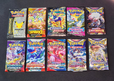 10 Assorted Pokemon Booster Packs Lot of Sword & Shield & Scarlet & Violet Sets