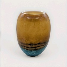 Art Glass Vase Tan And Aqua 8.5" Tall