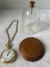 Westclox Engraved Train Loco Pocket Watch & Chain  Wind Up Display Case
