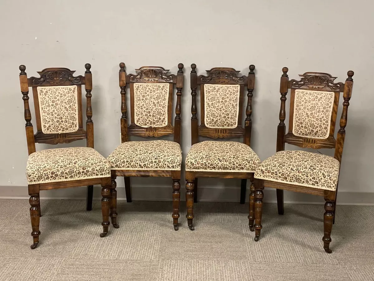 Chairs Victorian Set of Four Carved English Shell Crest Floral Upholstery