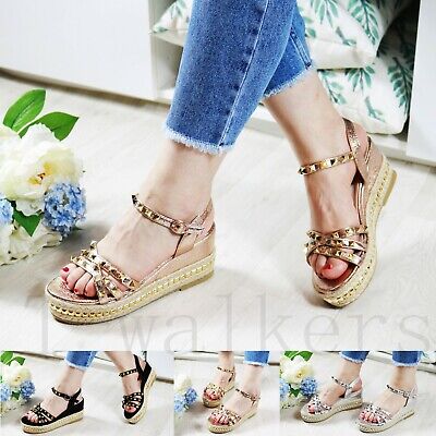 New Womens Platform Sandals Studs Espadrille Ankle Strap Summer Shoes Sizes 3-8