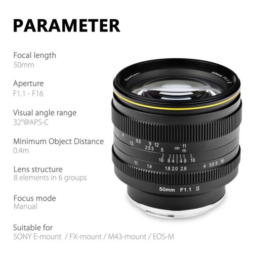 Lente KamLan 50 mm F1.1 Mark II APS-C para montaje Sony E Canon EOS-M Fuji X M4/3 M43 - Imagen 4 de 7