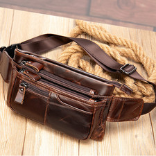 Mens Leather Waist Bag Full Grain 24cm Adjustable Strap Multiple Pockets
