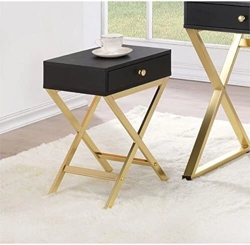Mesa auxiliar de tubo de metal Acme Coleen con 1 cajón en negro y latón, rectangular Foto 2 de 4