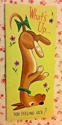 Vintage 1950s UNUSED Glittered Get Well Card with Cute Dog Doing Tricks