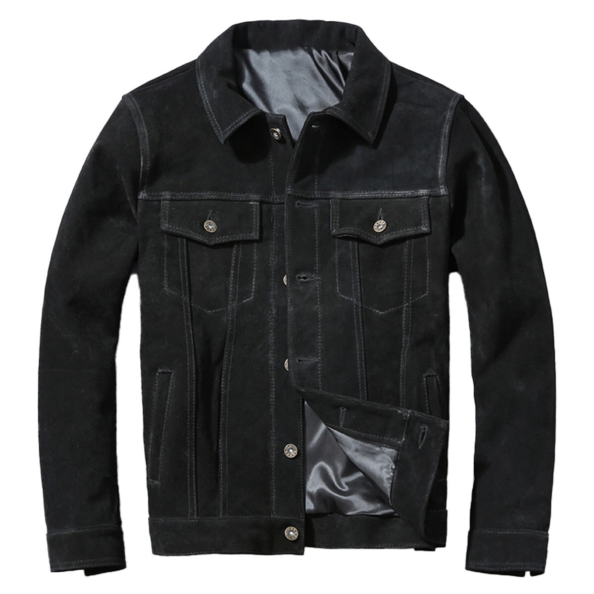 Men's Black Suede Trucker Western Leather Jacket Turn Down