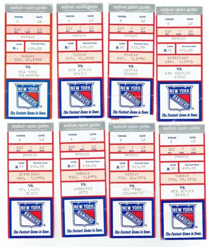 8 Ticket Stub Lot 1990-91 New York Rangers Tickets MSG w/ Leetch 3 Assist Game - Afbeelding 1 van 2