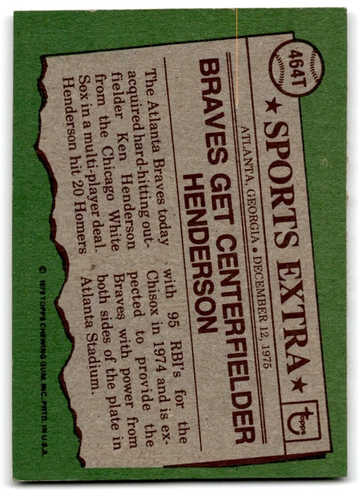 1976 Topps Traded Ken Henderson . Atlanta Braves #464T - Image 2 of 2