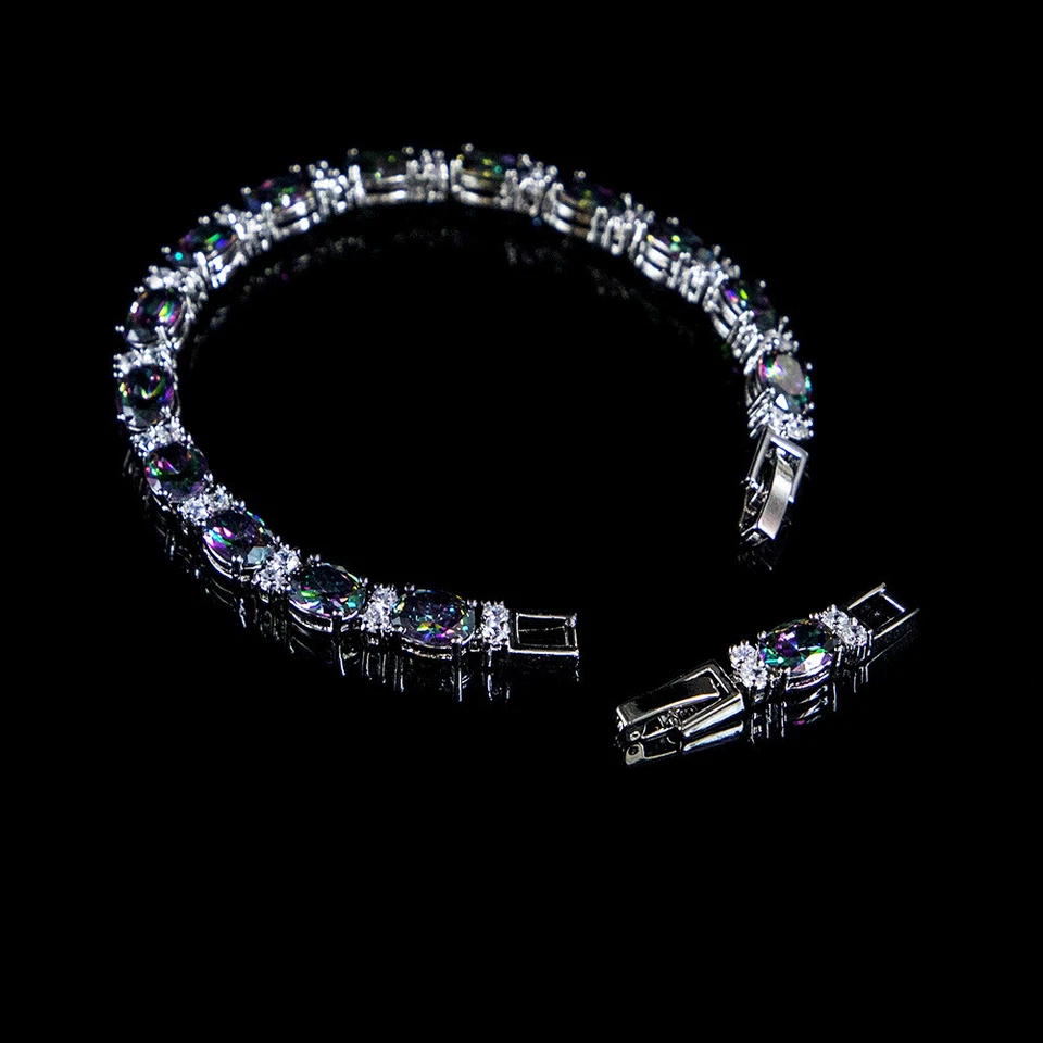 Venta Caliente Pulseras Multicolor Ovaladas Arco Iris Topacio Místico Piedras Preciosas Plata Mujeres Foto 2 de 4