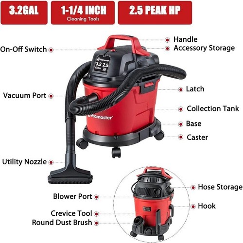 Vacmaster 3.2 Gallon 2.5 Peak Wet Dry Vacuum Cleaner Wall Mounted Portable Red - Picture 3 of 6