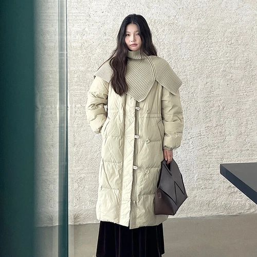 Korean Long White Duck Down Jacket Loose Warm Women Scarf Coats Overcoats Parka