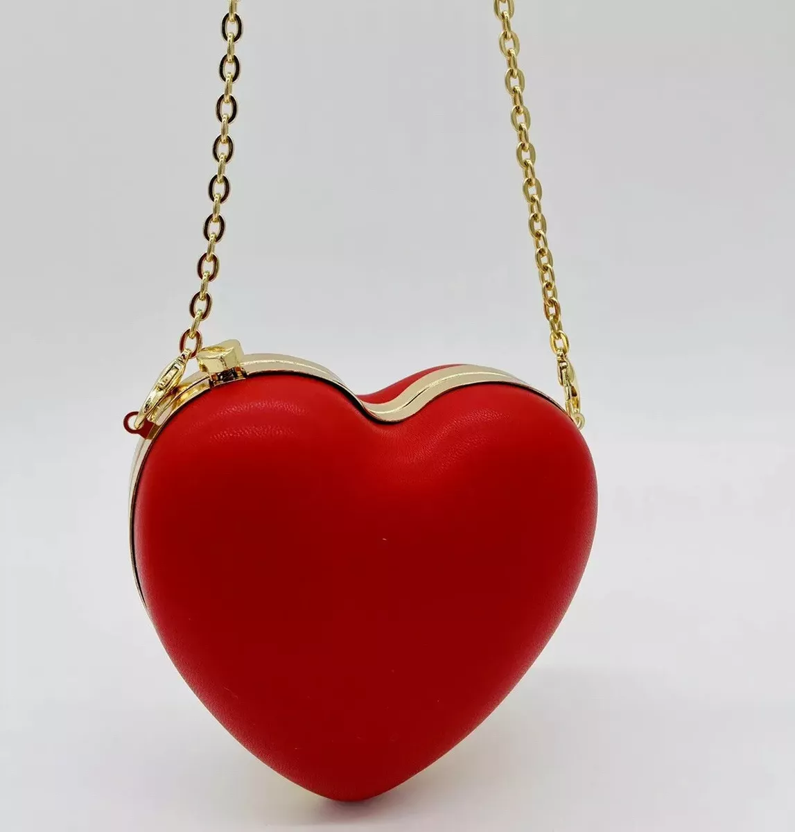 Red Heart Mini Bag Gold Chain Crossbody Shoulder Purse Valentine Leather  Clutch