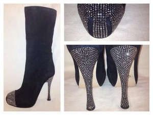 PAOLO-CONTE-RUSSIAN-BLACK-KNEE-HIGH-BOOTS-RHINESTONE-HEEL-amp-TOE-SZ-US-9-5
