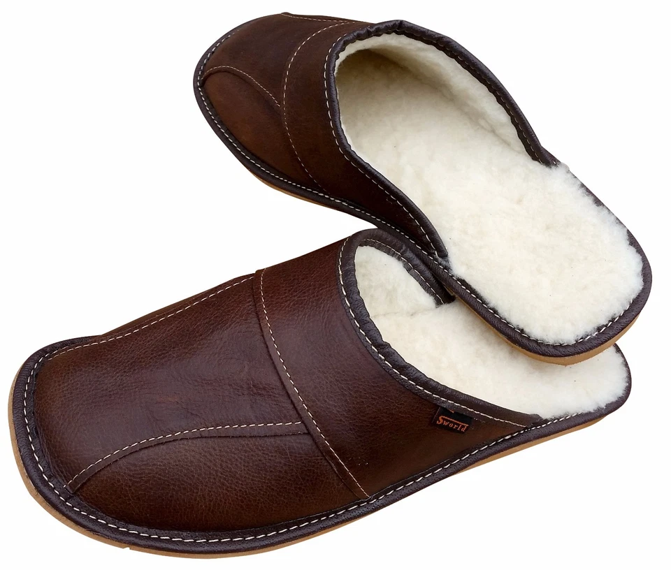 Men's Sheepskin Slippers Brown Leather Wool Shoes Size 6.5 - 11 Warm Moccasins - Image 4 of 4