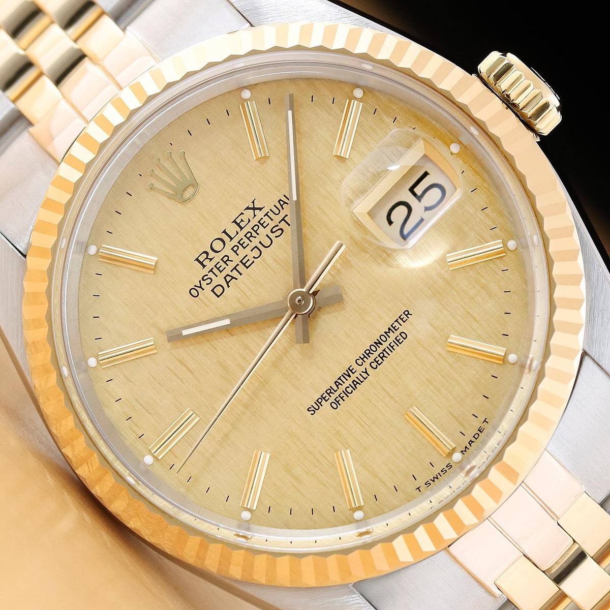 ROLEX MENS DATEJUST 16013 CHAMPAGNE LINEN DIAL 18K GOLD STEEL