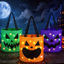 3 Pcs Light up Halloween Bucket Kids Trick or Treat, Purple,Green,Orange