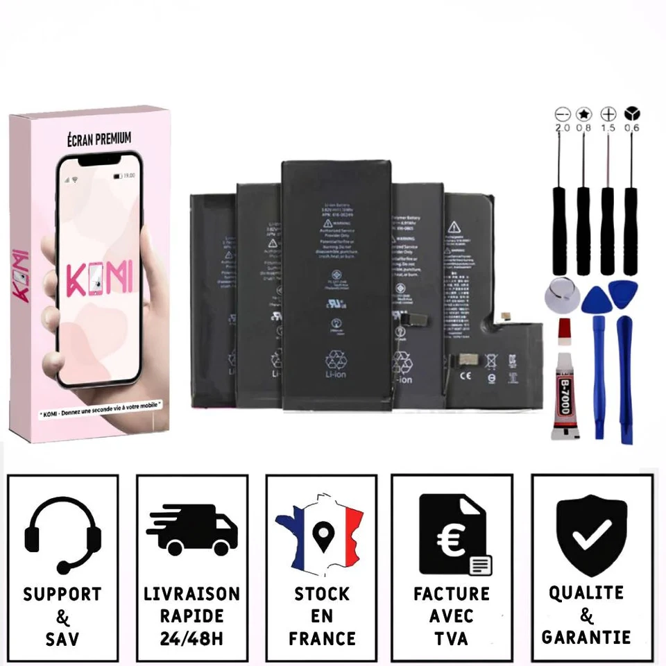 KOMI Batterie Pour iPhone X XS 11 12 13 14 15 Pro Max Plus Mini identique Original av