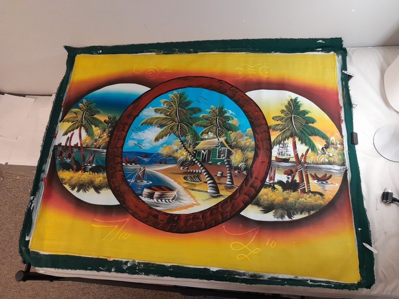 Huge 47" X 36" Exquisite Palm Tree Ocean Lake House Painting On Fabric
