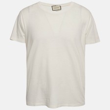 Gucci Cream Logo Print Jersey Distressed TShirt S