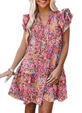 Floral Dress for Spring Summer 2025 Trendy Ruffle Cap Short Sleeve V-Neck Poc...