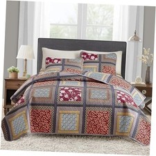 3 Pieces Patchwork Quilt Queen-90" x 90" 1 Quilt  2 Pillow Shams Orange Red