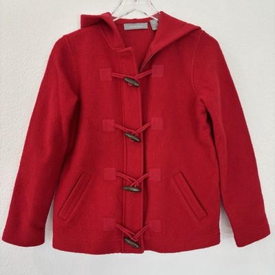 Liz Claiborne Women s Wool Jacket M Petite Red Hooded Toggle Button Scandi Girl
