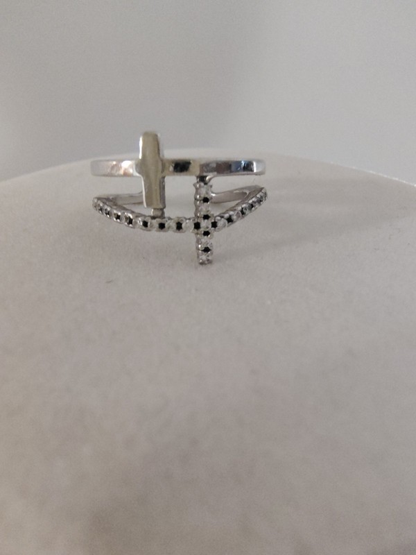FZN 925 Sterling Silver Double Cross Ring Open Cuff Adjustable Size 5 CZ Signed