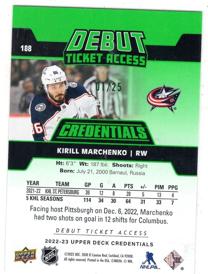 2022-23 Upper Deck Credentials Green #188 Kirill Marchenko RC /25 - Image 2 of 2