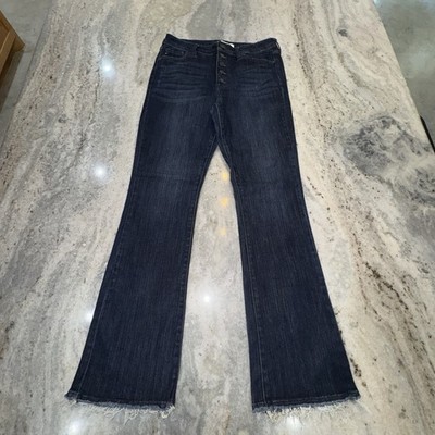 KanCan Women s 32 X 30 Dark Wash Button Fly High Waist Fringe Jeans Flare Denim