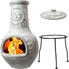 Medium Chiminea Outdoor Fireplace Grey Clay Chimineas with Chimney Rain Lids ...