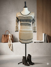 Neiman Marcus Knit Striped Sweater Dress Earth Tone Tan Black Neutral Scoop Neck