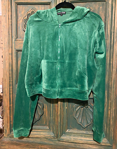 Fashion Nova Womens 1X Green Velour Full Zip Hooded Hoodie Pockets Solid